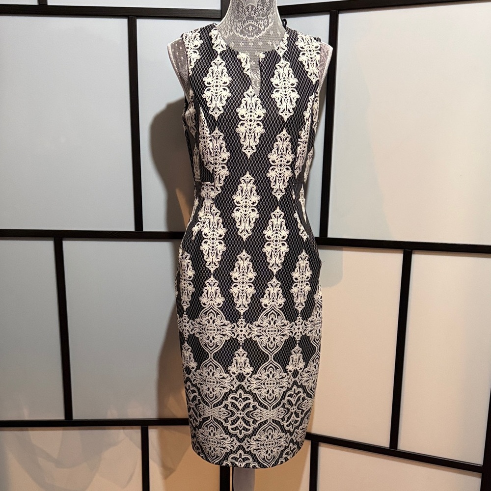 Enfocus Studio Black & White Damask Sheath Midi Dress